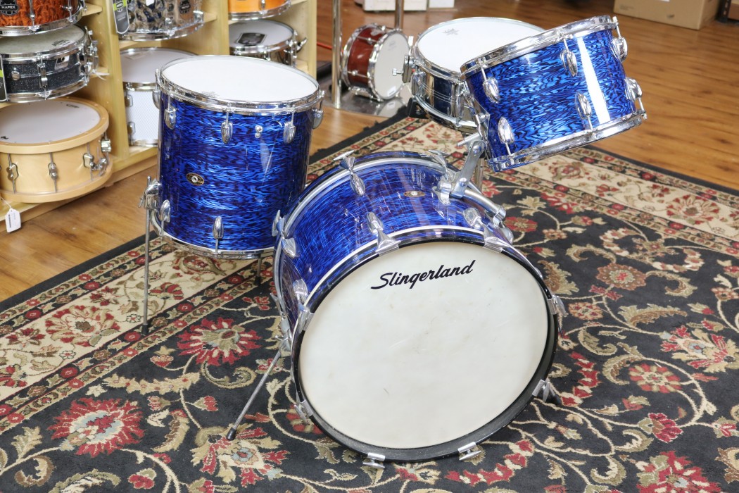 Consignment Vintage Slingerland Set, Early '60s, 12,14,20, Blue Agate,  chrome over brass 5X14 snare with some hardware, original, rare, clean