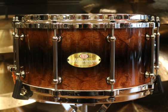 Pearl Masterworks 6.5x14 Mahogany Artisan Snare Drum with nickel hardware, Pearl Mastercast Hoops, and Tube Lugs, in Burl Mahogany