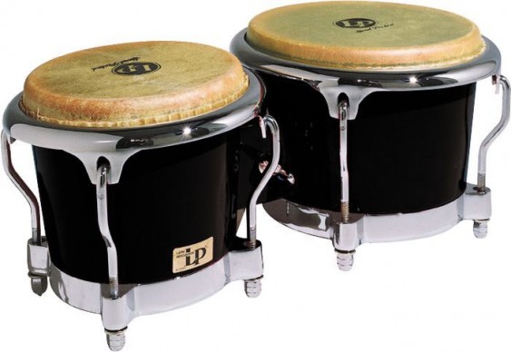 Latin Percussion Fiberglass Black Bongos w/ Comfort Curve II Rims Chrome Hardware