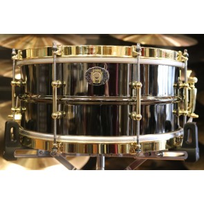 Ludwig 6.5x14 110th Anniversary 8 Lug Black Beauty w/ Single Flanged Hoops and Gold Hardware. W/ leather Ludwig Snare Bag