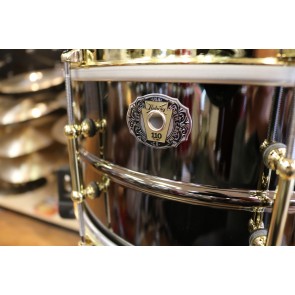 Ludwig 6.5x14 110th Anniversary 8 Lug Black Beauty w/ Single Flanged Hoops and Gold Hardware. W/ leather Ludwig Snare Bag